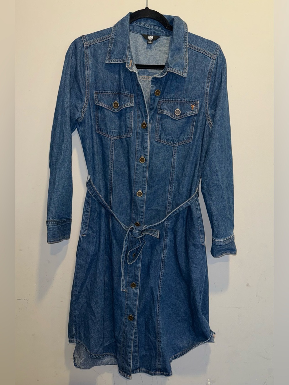 Frye Blue Denim Shirt Dress with Tie Waist